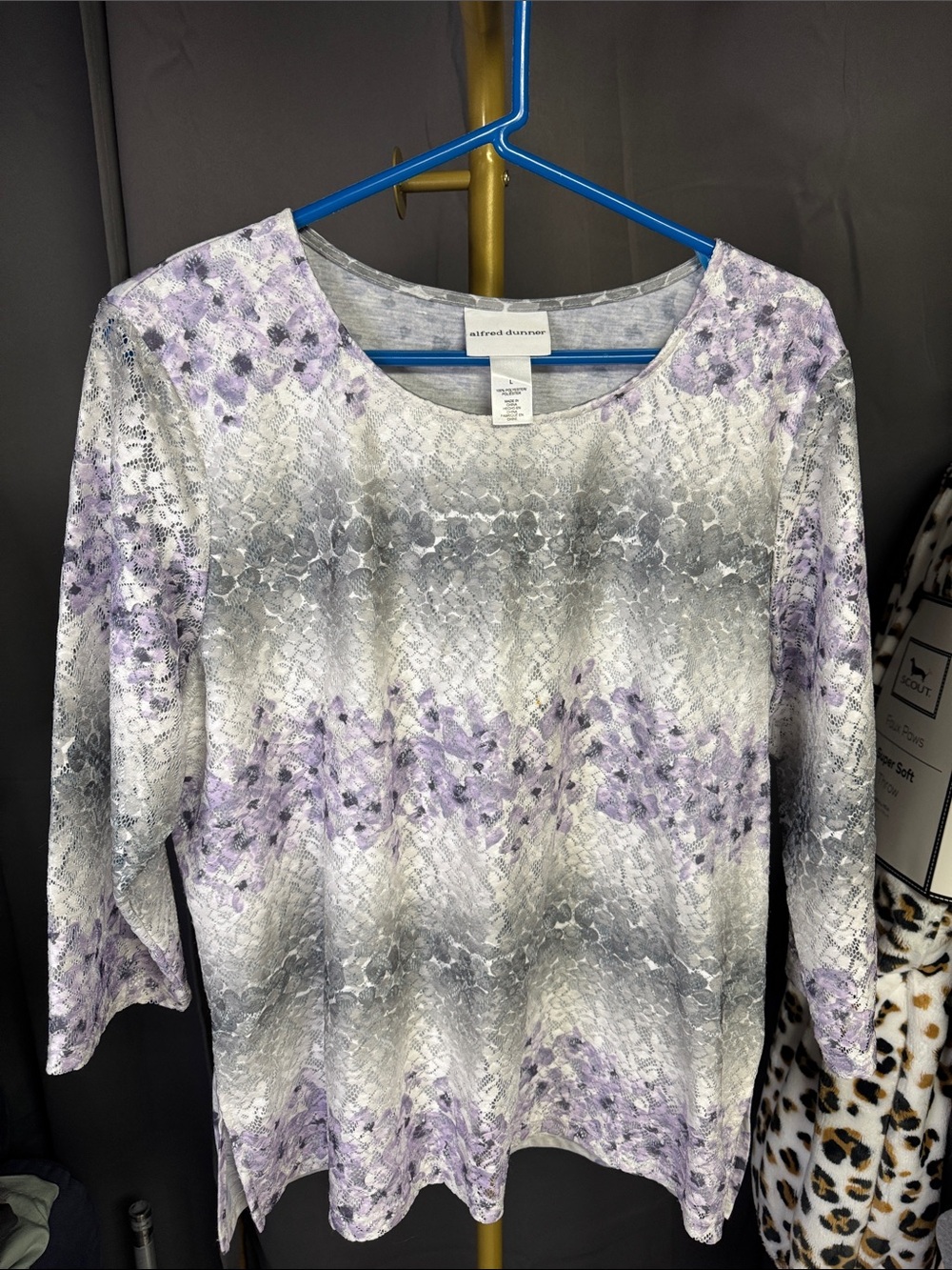 Alfred Dunner Lavender and Gray Print Scoop Neck Top